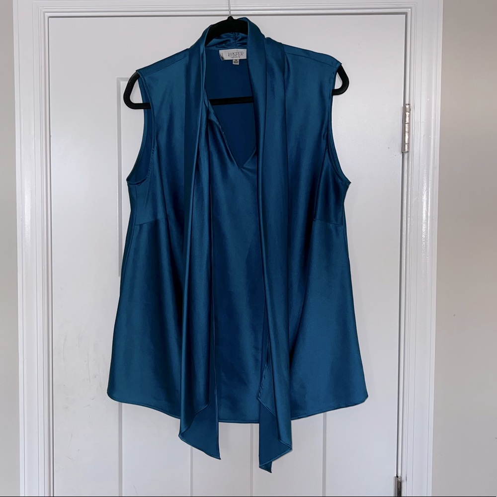 Kasper Separates Classic Blue Charmeuse Neck Tie Sleeveless Blouse Size 1X